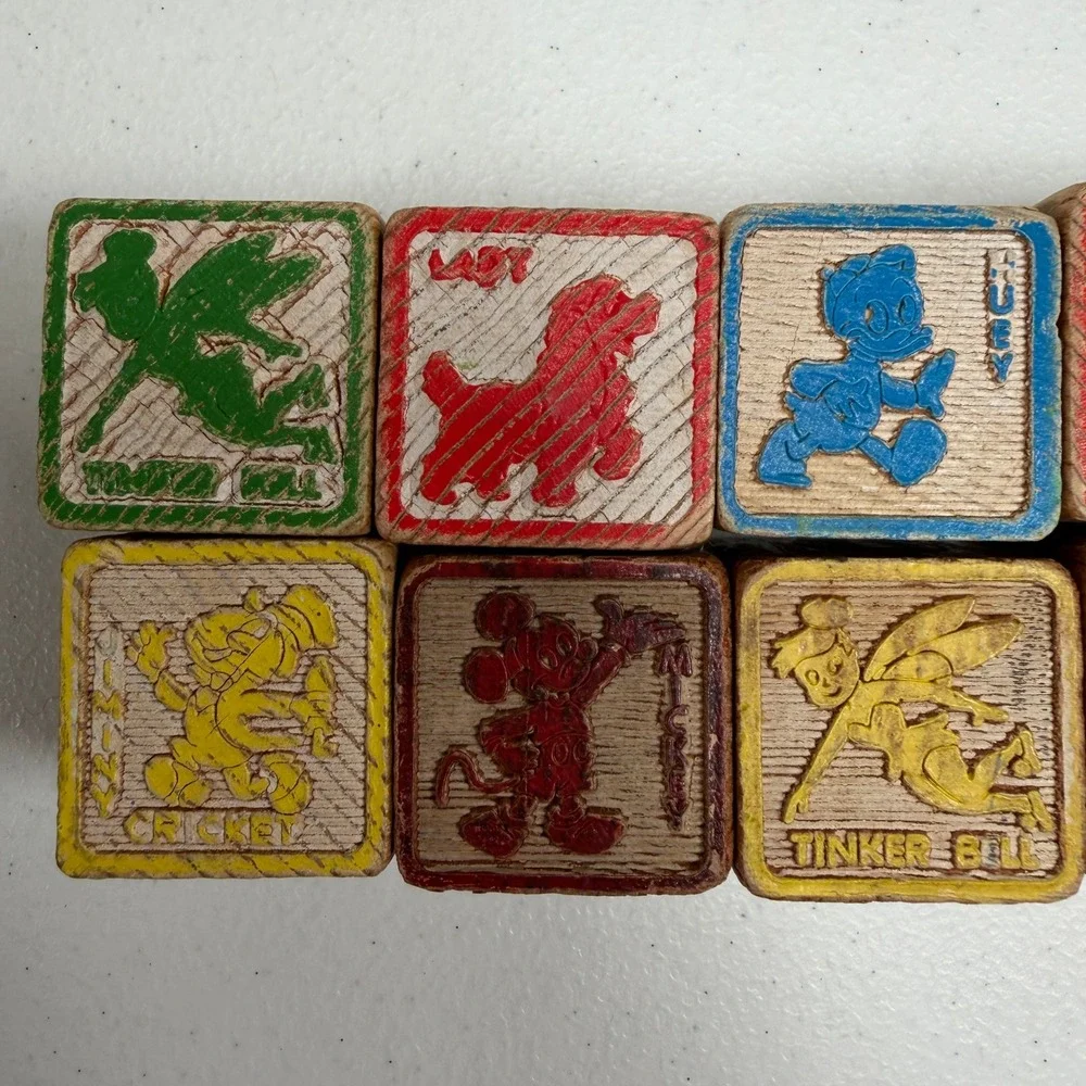 Disney Vintage Wooden Alphabet Blocks Mickey Dumbo Tinker Bell 16pc Set Nursery